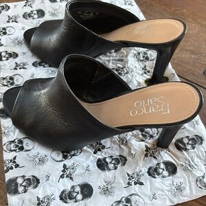 Franco Sarto Black Leather Mules with Open Toe Design - 4” heel